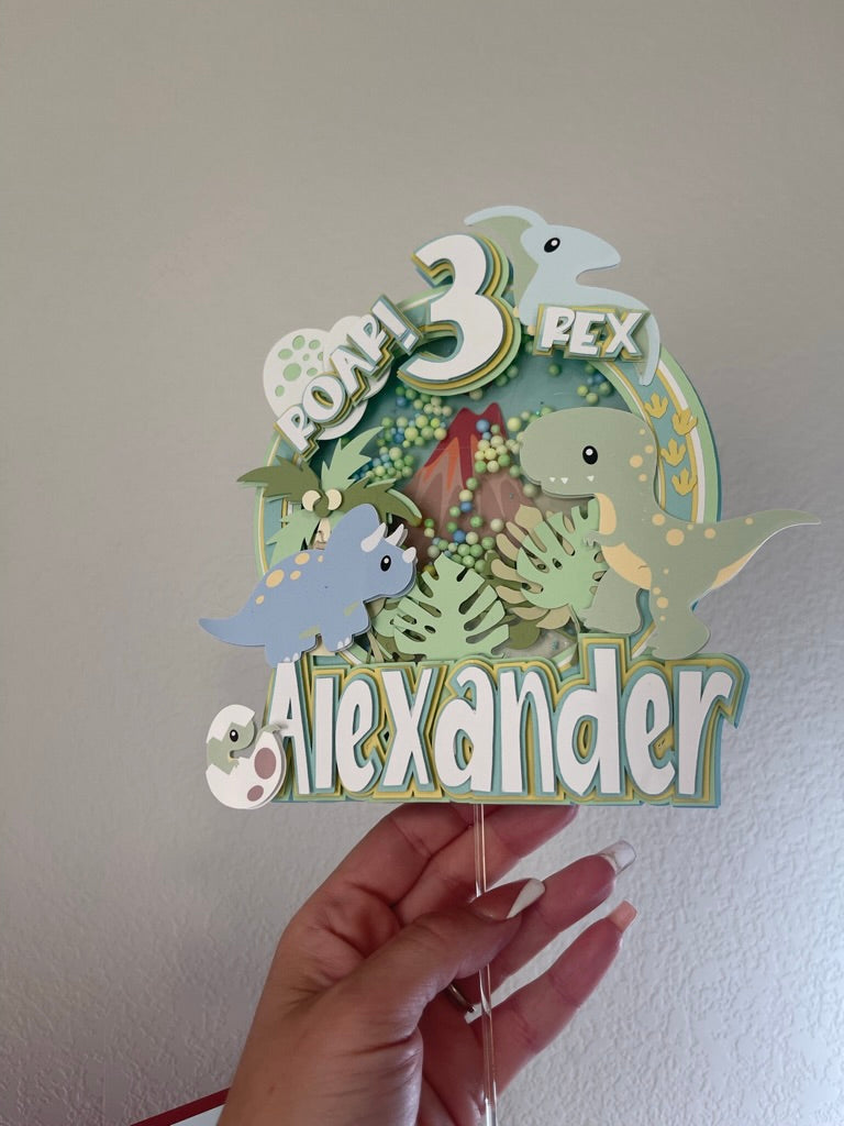 Custom dinosaur "Roar 3 rex" cake topper with pastel blue, green and yellow dinosaurs