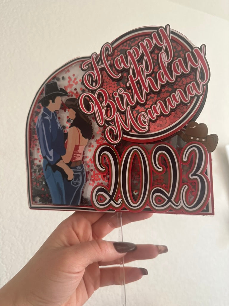Custom urban cowboy movie theme cake topper with "Happy Birthday" in red and black