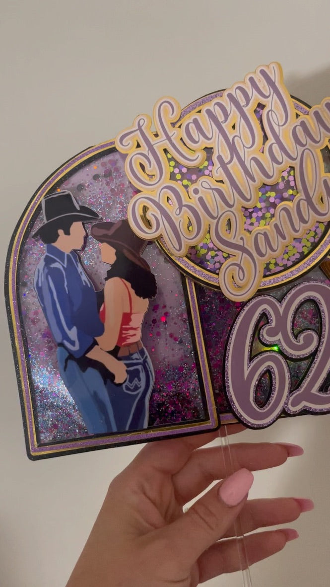 Custom urban cowboy movie theme cake topper with "Happy Birthday" in purple and gold showing led lights