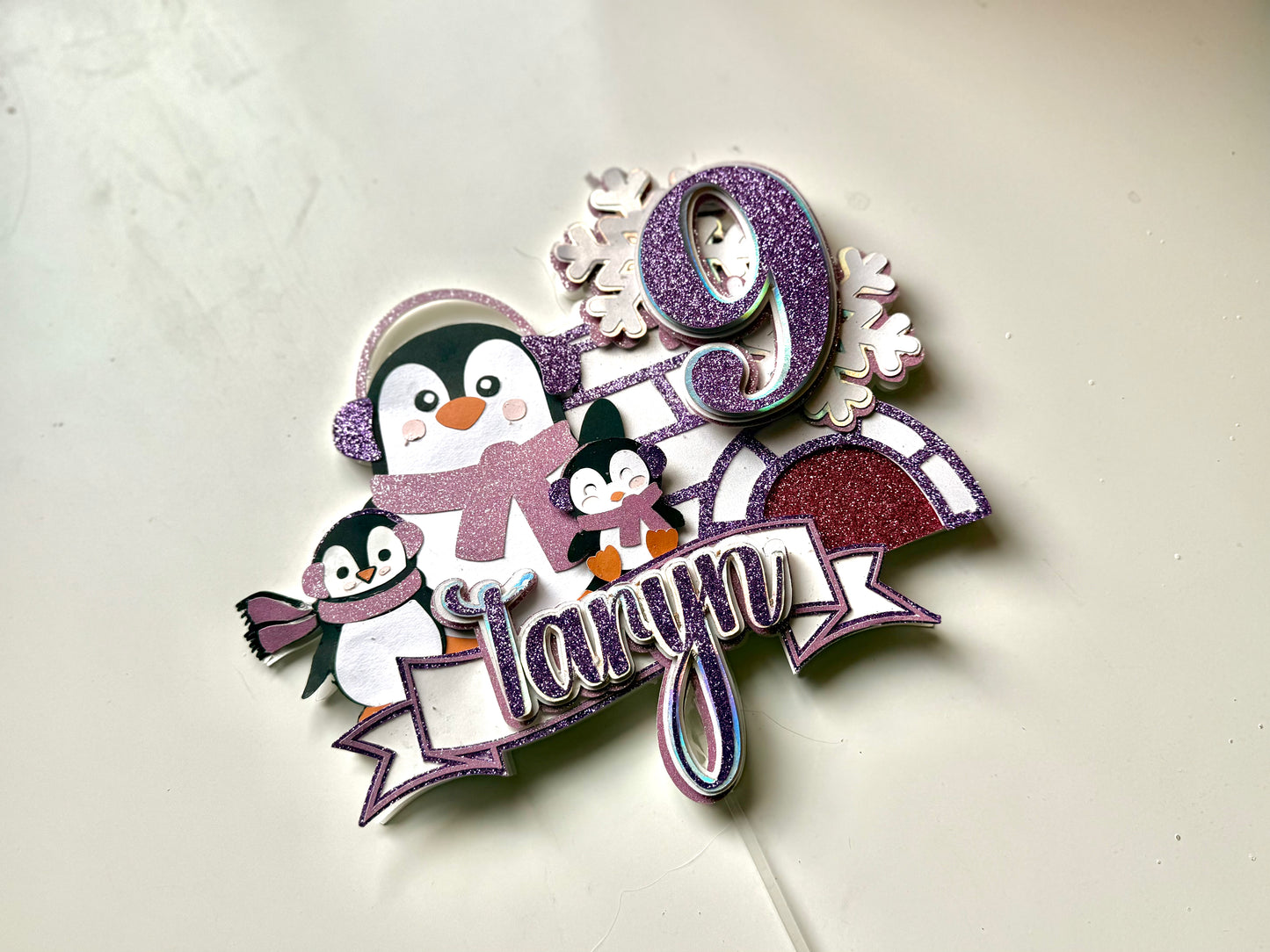 Personalized Penguin Birthday Cake Topper – Winter Wonderland Party Decoration