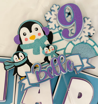 Personalized Penguin Birthday Cake Topper – Winter Wonderland Party Decoration