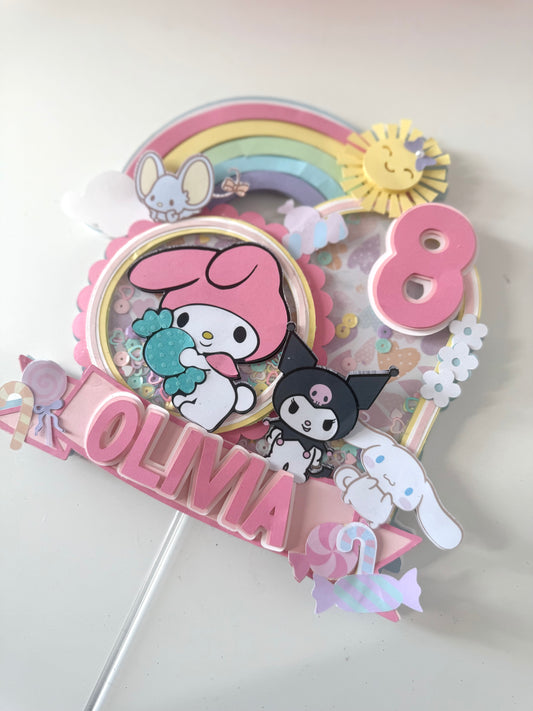 Personalized Sanrio Birthday Cake Topper | My Melody, Kuromi & Cinnamoroll Shaker Topper