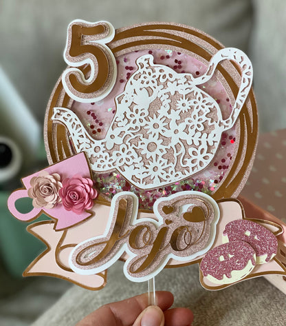 Tea Party Theme Birthday Shaker Cake Topper