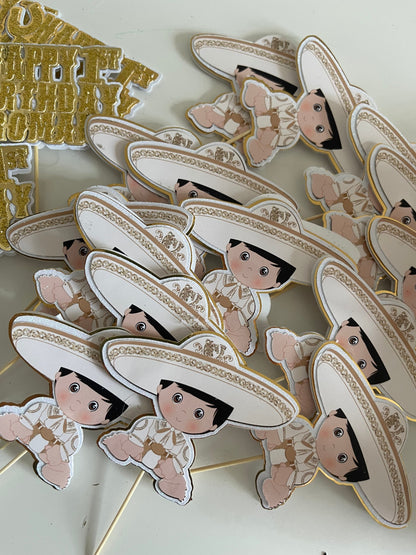 gold and white baby charro cupcake toppers Happy 1st birthday cupcake toppers
